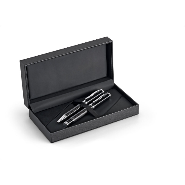 CHESS. Roller pen and ball pen set in metal and carbon fibre